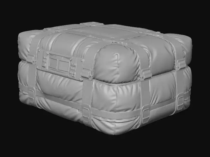 3D model for Large futuristic sci-fi cargo package wrapped in thick, soft, insulated padding designed to absorb impact and cushion falls. Outer material is dark gray-black fabric with a subtle hexagonal pattern, slightly wrinkled and compressed, showing soft structure and resilience. Multiple heavy-duty straps wrap around the cargo, colored semi-high-visibility red with metal buckles and tensioners. A hard industrial control and labeling panel is mounted on the long forward-facing side, featuring a hazard symbol, small screens, and mechanical latches. The package should feel heavy but soft-shelled, suitable for heat, cold, and shock protection. Top-lit studio lighting, isolated on white background, ultra-detailed textures, no environment.