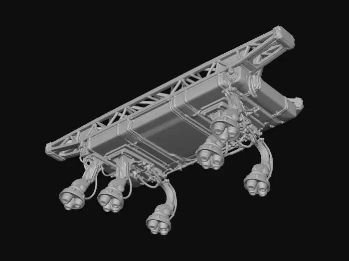 3D model for Futuristic industrial ceiling truss system for electrostatic dust removal and de-icing. Long rectangular metal truss with internal support lattice and reinforced edges. Several articulated robotic nozzle arms hang downward from the truss, each mounted on jointed mechanical pivots with thick cables and hydraulic lines. The nozzles are cylindrical and industrial, designed to emit air, vapor, or energy, but do not include any spray or mist. Materials are brushed steel, dark metal, and hazard-marked panels with yellow warning decals. Heavy-duty, modular, sci-fi maintenance equipment. High-detail mechanical parts, bolts, seams, and wiring. Isolated on white background, studio lit, no environment.