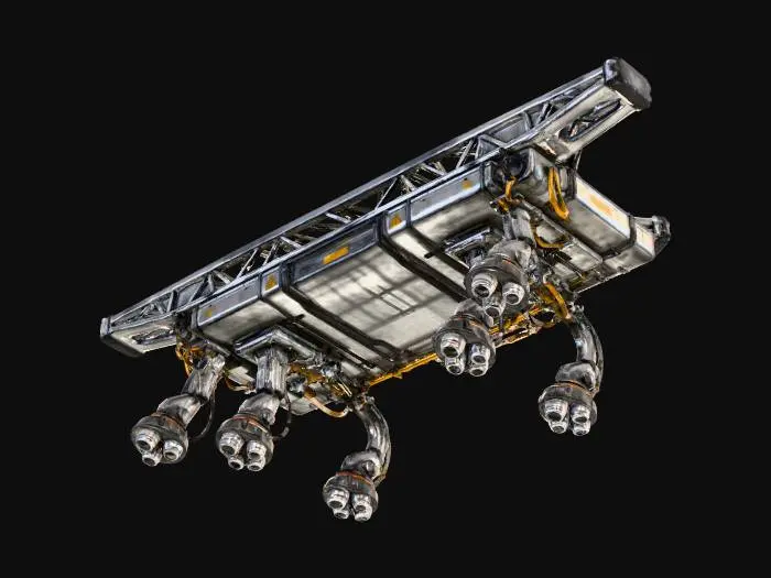 3D model for Futuristic industrial ceiling truss system for electrostatic dust removal and de-icing. Long rectangular metal truss with internal support lattice and reinforced edges. Several articulated robotic nozzle arms hang downward from the truss, each mounted on jointed mechanical pivots with thick cables and hydraulic lines. The nozzles are cylindrical and industrial, designed to emit air, vapor, or energy, but do not include any spray or mist. Materials are brushed steel, dark metal, and hazard-marked panels with yellow warning decals. Heavy-duty, modular, sci-fi maintenance equipment. High-detail mechanical parts, bolts, seams, and wiring. Isolated on white background, studio lit, no environment.