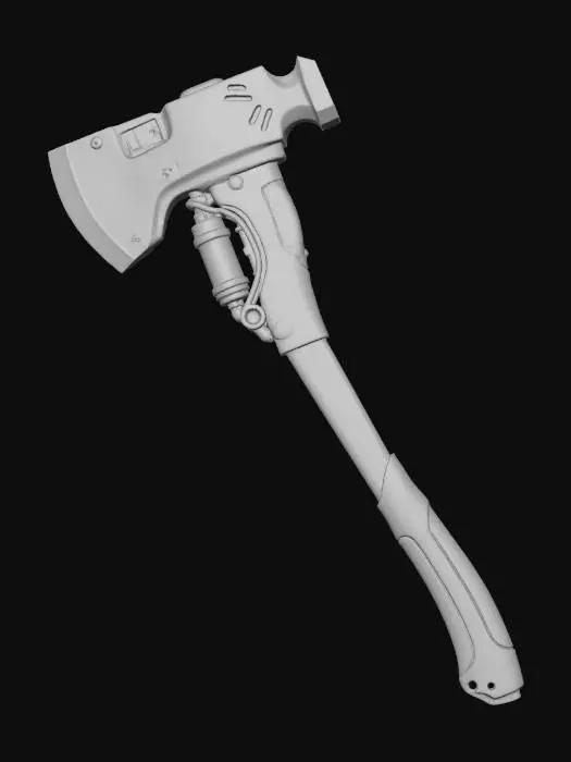 3D model for Two-handed sci-fi emergency breach axe, tuned up for extra impact strength. NOT A GUN, no trigger, no barrel. The object is a tool, similar to a fire axe but in nano-composite materials. Long straight handle for two-hand grip. At one end is an axe head only: matte black nano-composite with a metallic cutting edge. Back of the head has a flat hammer surface for breaking doors. A small pneumatic shock assist canister is mounted near the axe head, integrated into the joint, compact and NOT shaped like a gun barrel. Handle made of carbon fiber composite with frost-resistant texture. Make handle long, sturdy, smooth and oval, so it supports handling. Black with red hazard accents. Small indicator lights and status screen on the axe head. Surface shows scratches and wear. Forward pressure vents.