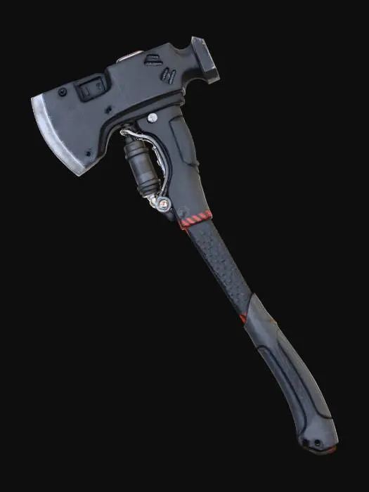 3D model for Two-handed sci-fi emergency breach axe, tuned up for extra impact strength. NOT A GUN, no trigger, no barrel. The object is a tool, similar to a fire axe but in nano-composite materials. Long straight handle for two-hand grip. At one end is an axe head only: matte black nano-composite with a metallic cutting edge. Back of the head has a flat hammer surface for breaking doors. A small pneumatic shock assist canister is mounted near the axe head, integrated into the joint, compact and NOT shaped like a gun barrel. Handle made of carbon fiber composite with frost-resistant texture. Make handle long, sturdy, smooth and oval, so it supports handling. Black with red hazard accents. Small indicator lights and status screen on the axe head. Surface shows scratches and wear. Forward pressure vents.