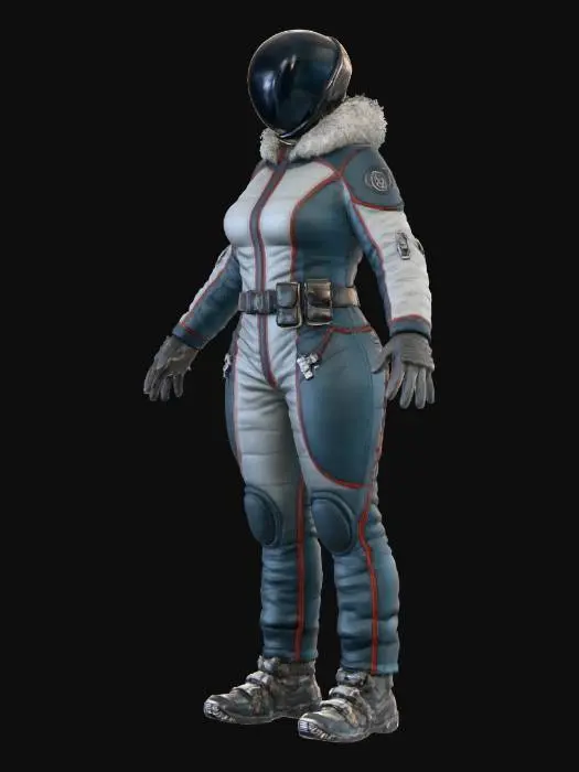 3D model for Create the female Science Officer from my concept art. Enhance her feminine proportions; increase in chest, hip and butt size. Keep the glass visor/helmets uniform shape and make it slightly elongated, so it will appear more alien. Have the helmet be FULLY opaque, non-transparent and dark glossy. Make the model look photo realistic and NOT cartoonish. The uniform/suit needs to have all the details, and look futuristic. Keep the dark, desaturated and serious look and feel. Reduce the amount of gadgets and devices on the belt and just keep it simple. Make sure the material stays high end sci-fi material science. The boots need to be heavy set magnetic boots for low gravity. No background.