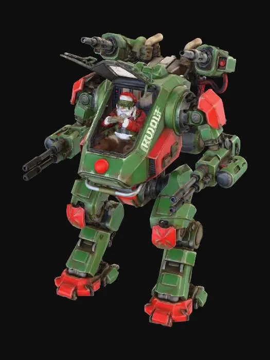 3D model for Santa Claus as a mech pilot, in well worn Santa themed/tactical mech pilot outfit and gear. He's sitting in a open mech cockpit, wearing a "multiple eye spec visor", cracking his knuckles His mech is a large, weathered, christmas themed heavy duty walker mech, called "RUDOLF" (name printed down the side of the chassis), with a "red nose" paint on the sharp point of the front plate just beneath the cockpit glass suite. Twin laser cannon armaments on the arms. Heavy hydraulic parts and artillery system on the back. Full mech in view. No background. 
#Christmas2025#