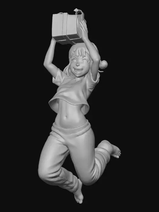 3D model for #Christmas2025#
Create an image of a young woman (around age 20), athletic, feminine proportions, cute, Hispanic mix, big brown eyes, straight hair, bangs, blush, in a two piece pajamas, wearing a santa hat, jumping for joy while holding a christmas present over her head, her plaid pajamas waistline is loose and her pants sliding down her waist and her pajamas shirt lifting far up with her inertia, happy and exited expression. Make her look slightly taller than the reference image, but maintain her feminine proportions. 
Make the background dark grey, give her warm and cozy color subtle highlights and shadows.