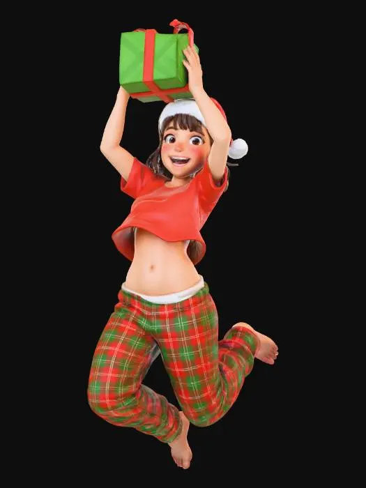 3D model for #Christmas2025#
Create an image of a young woman (around age 20), athletic, feminine proportions, cute, Hispanic mix, big brown eyes, straight hair, bangs, blush, in a two piece pajamas, wearing a santa hat, jumping for joy while holding a christmas present over her head, her plaid pajamas waistline is loose and her pants sliding down her waist and her pajamas shirt lifting far up with her inertia, happy and exited expression. Make her look slightly taller than the reference image, but maintain her feminine proportions. 
Make the background dark grey, give her warm and cozy color subtle highlights and shadows.