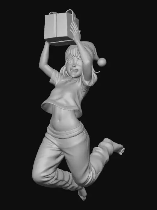 3D model for #Christmas2025#
Create an image of a young woman (around age 20), athletic, feminine proportions, cute, Hispanic mix, big brown eyes, straight hair, bangs, blush, in a two piece pajamas, wearing a santa hat, jumping for joy while holding a christmas present over her head, her plaid pajamas waistline is loose and her pants sliding down her waist and her pajamas shirt lifting far up with her inertia, happy and exited expression. Make her look slightly taller than the reference image, but maintain her feminine proportions. 
Make the background dark grey, give her warm and cozy color subtle highlights and shadows.