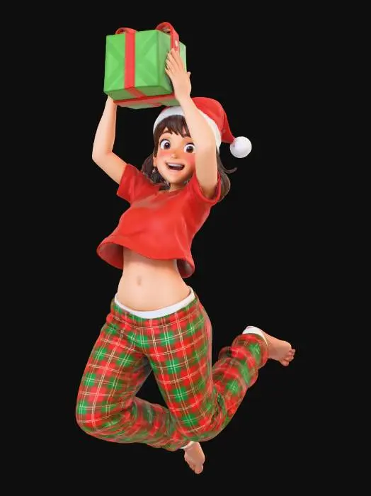 3D model for #Christmas2025#
Create an image of a young woman (around age 20), athletic, feminine proportions, cute, Hispanic mix, big brown eyes, straight hair, bangs, blush, in a two piece pajamas, wearing a santa hat, jumping for joy while holding a christmas present over her head, her plaid pajamas waistline is loose and her pants sliding down her waist and her pajamas shirt lifting far up with her inertia, happy and exited expression. Make her look slightly taller than the reference image, but maintain her feminine proportions. 
Make the background dark grey, give her warm and cozy color subtle highlights and shadows.
