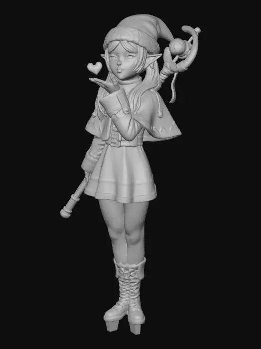 3D model for Frieren from "Frieren, Beyond Journeys End", wearing a red cozy santa hat, festive red color accents, her hair tied into her classic two "pigtails/braids" her unique staff on her back, very slight blush, blowing a kiss.

#Christmas2025#