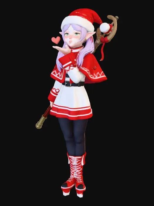 3D model for Frieren from "Frieren, Beyond Journeys End", wearing a red cozy santa hat, festive red color accents, her hair tied into her classic two "pigtails/braids" her unique staff on her back, very slight blush, blowing a kiss.

#Christmas2025#