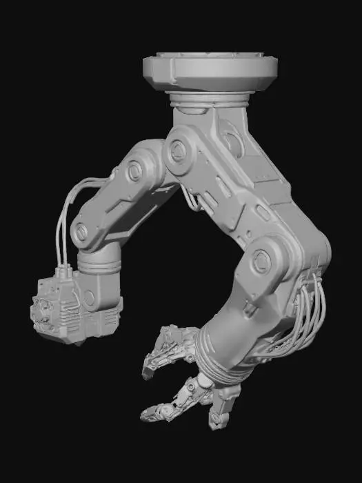 3D model for High-tech mechanical top-mounted arm with hot-end for 3D printing and advanced mechanical fingers/clamps for advanced material fabrication. Dark nano-steel composite material, ultra high definition and clean, sci-fi design aesthetic. No background needed.