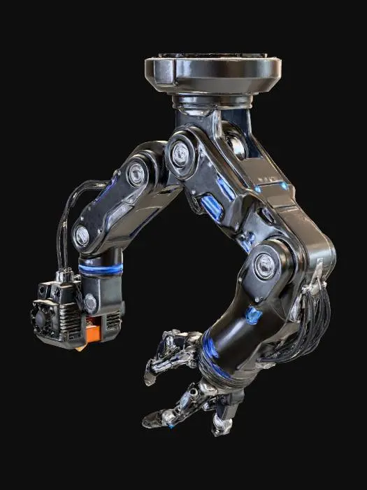 3D model for High-tech mechanical top-mounted arm with hot-end for 3D printing and advanced mechanical fingers/clamps for advanced material fabrication. Dark nano-steel composite material, ultra high definition and clean, sci-fi design aesthetic. No background needed.