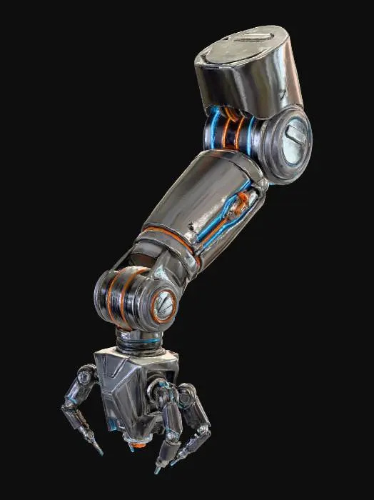 3D model for A single, high-tech mechanical top-mounted arm with sci-fi "hot-end", surrounded by small mechanical precision appendages for multi-material 3D printing advanced material fabrication. Dark nano-steel composite material, ultra high definition and clean, sci-fi design aesthetic. No background needed.