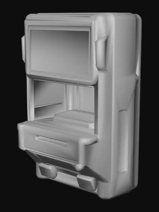 3D model for Standalone sci-fi prop: a wall-mounted futuristic food dispenser. Single isolated object, no walls, floor, people, text, or logos. Tall rectangular housing in dark matte and semi-gloss gunmetal with clean, industrial sci-fi styling. Large front-facing rectangular screen at the top, powered on but blank, glowing pale blue with no UI. Below it is a recessed dispensing bay with brushed metal interior, bright white LED lighting, and an empty tray. Subtle internal machinery visible behind transparent panels. Soft studio lighting, cool edge highlights, neutral or transparent background.