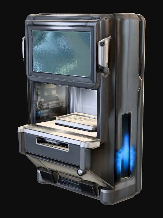 3D model for Standalone sci-fi prop: a wall-mounted futuristic food dispenser. Single isolated object, no walls, floor, people, text, or logos. Tall rectangular housing in dark matte and semi-gloss gunmetal with clean, industrial sci-fi styling. Large front-facing rectangular screen at the top, powered on but blank, glowing pale blue with no UI. Below it is a recessed dispensing bay with brushed metal interior, bright white LED lighting, and an empty tray. Subtle internal machinery visible behind transparent panels. Soft studio lighting, cool edge highlights, neutral or transparent background.