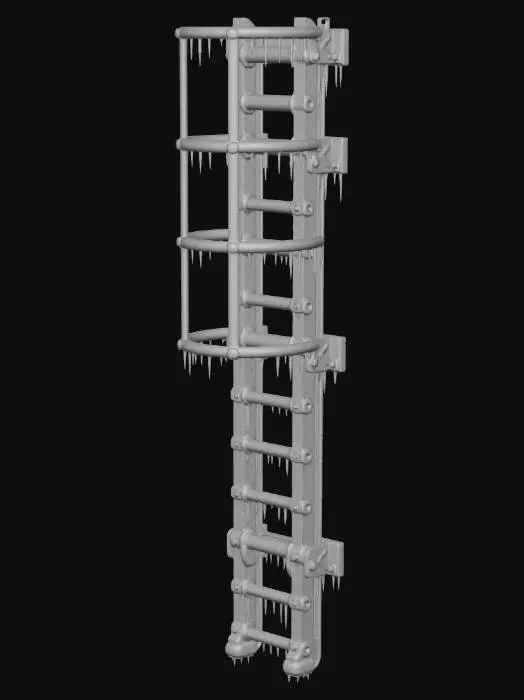 3D model for Tall fixed industrial factory wall ladder made of thick galvanized steel, perfectly vertical. Integrated safety cage/hoop guard around the upper section, heavy mounting brackets/stand-offs along the side rails (imply wall-mounted but do not show any wall). Entire ladder is coated in dense frost and rime ice; sharp icicles hang from rungs, cage rings, and brackets. Dramatic cool directional studio lighting with crisp highlights and deep shadows. Isolated object with transparent/no background, product-style realism, high detail.