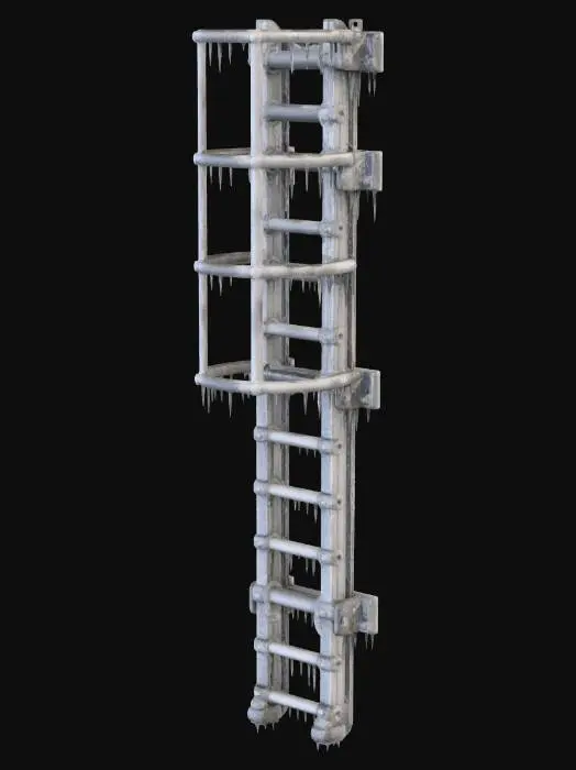 3D model for Tall fixed industrial factory wall ladder made of thick galvanized steel, perfectly vertical. Integrated safety cage/hoop guard around the upper section, heavy mounting brackets/stand-offs along the side rails (imply wall-mounted but do not show any wall). Entire ladder is coated in dense frost and rime ice; sharp icicles hang from rungs, cage rings, and brackets. Dramatic cool directional studio lighting with crisp highlights and deep shadows. Isolated object with transparent/no background, product-style realism, high detail.