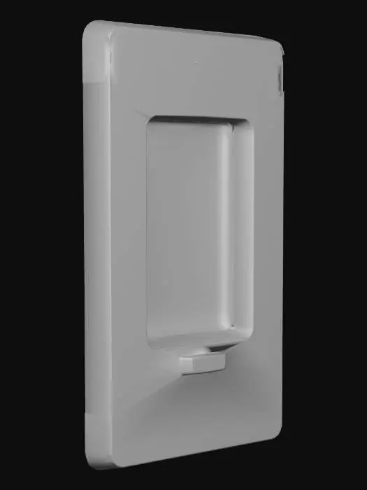 3D model for Futuristic wall-mounted water pouch dispenser with a minimalist, high-end sci-fi design. Rectangular housing with smooth beveled edges and compact proportions. Front has a recessed dispensing bay that is empty, showing internal surfaces and a small overhead light. A thin illuminated status strip sits above the bay, and a single clean dispense button is centered below it. Materials are brushed steel, dark matte metal, and subtle navy-blue accent lighting. Clean, utilitarian, no clutter, no visible pouch. Studio lit, isolated on white background, high-resolution textures, no environment.