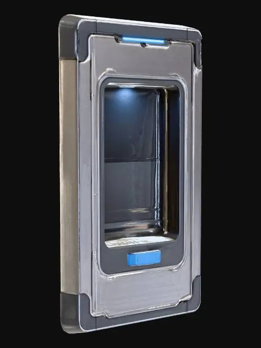 3D model for Futuristic wall-mounted water pouch dispenser with a minimalist, high-end sci-fi design. Rectangular housing with smooth beveled edges and compact proportions. Front has a recessed dispensing bay that is empty, showing internal surfaces and a small overhead light. A thin illuminated status strip sits above the bay, and a single clean dispense button is centered below it. Materials are brushed steel, dark matte metal, and subtle navy-blue accent lighting. Clean, utilitarian, no clutter, no visible pouch. Studio lit, isolated on white background, high-resolution textures, no environment.
