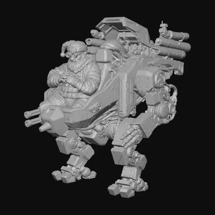 3D model for Santa Claus as a mech pilot, in well worn Santa themed/tactical mech pilot outfit and gear. He's sitting in a open mech cockpit, wearing a "multiple eye spec visor", cracking his knuckles His mech is a large, weathered, christmas themed heavy duty walker mech, called "RUDOLF" (name printed down the side of the chassis), with a "red nose" paint on the sharp point of the front plate just beneath the cockpit glass suite. Twin laser cannon armaments on the arms. Heavy hydraulic parts and artillery system on the back. Full mech in view. No background. 
#Christmas2025#