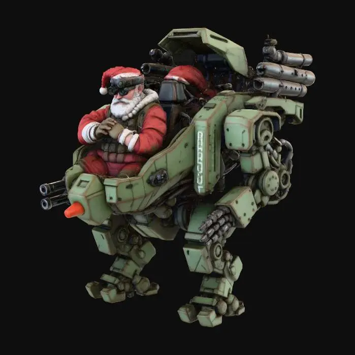3D model for Santa Claus as a mech pilot, in well worn Santa themed/tactical mech pilot outfit and gear. He's sitting in a open mech cockpit, wearing a "multiple eye spec visor", cracking his knuckles His mech is a large, weathered, christmas themed heavy duty walker mech, called "RUDOLF" (name printed down the side of the chassis), with a "red nose" paint on the sharp point of the front plate just beneath the cockpit glass suite. Twin laser cannon armaments on the arms. Heavy hydraulic parts and artillery system on the back. Full mech in view. No background. 
#Christmas2025#