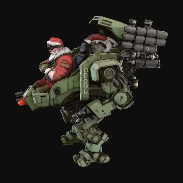 3D model for Santa Claus as a mech pilot, in well worn Santa themed/tactical mech pilot outfit and gear. He's sitting in a open mech cockpit, wearing a "multiple eye spec visor", cracking his knuckles His mech is a large, weathered, christmas themed heavy duty walker mech, called "RUDOLF" (name printed down the side of the chassis), with a "red nose" paint on the sharp point of the front plate just beneath the cockpit glass suite. Twin laser cannon armaments on the arms. Heavy hydraulic parts and artillery system on the back. Full mech in view. No background. 
#Christmas2025#