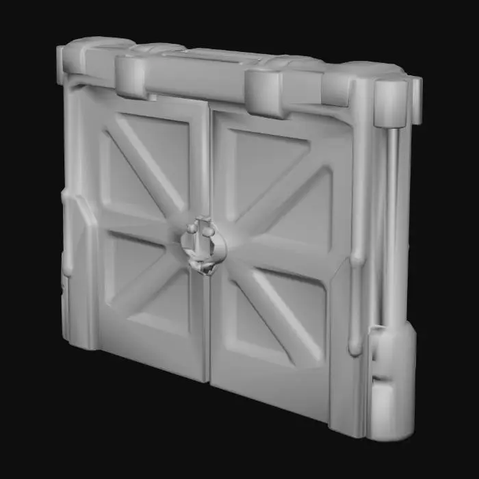 3D model for Please generate an image of a sci-fi gate/airlock like this, but slightly modified and heavier duty, for large cargo access. Just the gate itself, no background details. Keep it minimalistic and keep the weathering details.