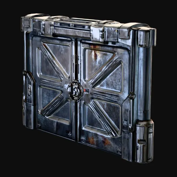 3D model for Please generate an image of a sci-fi gate/airlock like this, but slightly modified and heavier duty, for large cargo access. Just the gate itself, no background details. Keep it minimalistic and keep the weathering details.