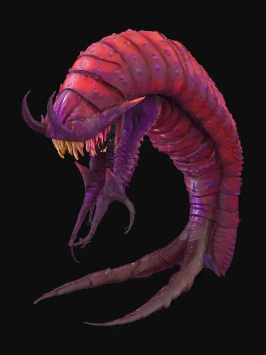 3D model for A colossal, segmented worm, Ub'thar boasts a rough, chitinous hide in mottled shades of dark crimson and bruised purple. Its immense, cylindrical body tapers slightly at both ends, covered in overlapping, leathery plates that appear wet and slick, hinting at a slimy, viscous texture beneath. The surface is adorned with numerous sharp, bony protrusions and a multitude of small, writhing tendrils around a gaping maw lined with rows of jagged, translucent teeth, suggesting a firm, yet pliable form.