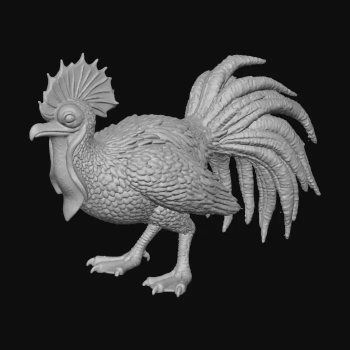 3D model for A bizarre turkey cockatrice, its plump, iridescent bronze-feathered body seamlessly transitions into a long, scaled, serpentine tail. Its head, a grotesque blend, features a vibrant red wattle and blue snood, sharp beady eyes, and a small, reptilian crest. Powerful, scaly legs with sharp talons support its bulk, while leathery, bat-like wings emerge from its back. The texture is a striking mix of soft, downy feathers and hard, overlapping scales.