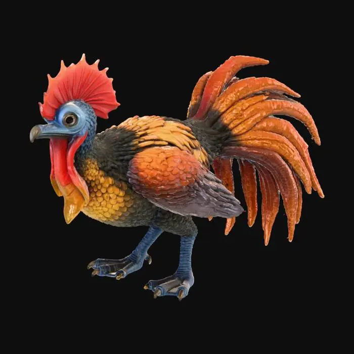 3D model for A bizarre turkey cockatrice, its plump, iridescent bronze-feathered body seamlessly transitions into a long, scaled, serpentine tail. Its head, a grotesque blend, features a vibrant red wattle and blue snood, sharp beady eyes, and a small, reptilian crest. Powerful, scaly legs with sharp talons support its bulk, while leathery, bat-like wings emerge from its back. The texture is a striking mix of soft, downy feathers and hard, overlapping scales.