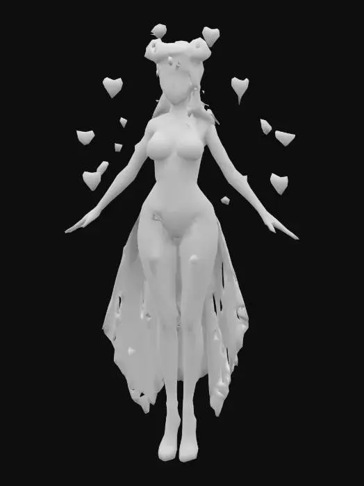 3D model for a mesmerizing Valentine’s nymph in a natural A-pose. She has a curvy, ethereal figure with an ample bust, a slender waist, and thick thighs. Her glowing skin is adorned with delicate red heart tattoos. She wears a sheer pink lace gown with heart-shaped embroidery, a garland of roses in her flowing hair, and floating hearts around her. She completes the look with very high platform heels in glossy red, #valentine#