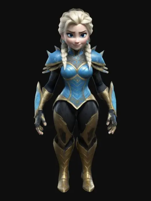 3D model for Ultra-detailed fusion of Elsa from Frozen and Scorpion from Mortal Kombat. Her curvy yet athletic figure is clad in Scorpion’s iconic black and gold armor, reforged with icy blue accents. The segmented chest plate, shoulder guards, and gauntlets blend sharp, frozen edges with molten detailing. She wears a battle-worn golden mask with intricate frost engravings, and her glowing blue eyes pierce through. Her platinum hair is pulled into a warrior’s braid. 