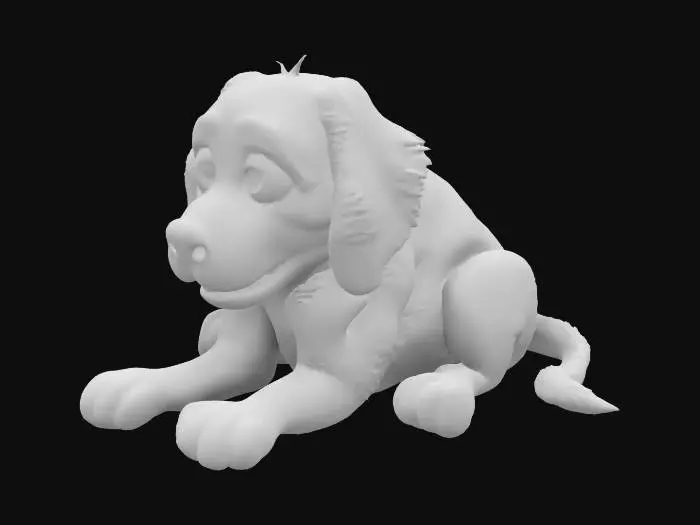 3D model for realistic illustration funny goofy, whimsical, caricaturea, black flat-coated retriever sitting down ,leaning on its elbows like its thinking, a paw underneath its chin. rubbing its chin. Highly Detailed, Ultra Realistic.