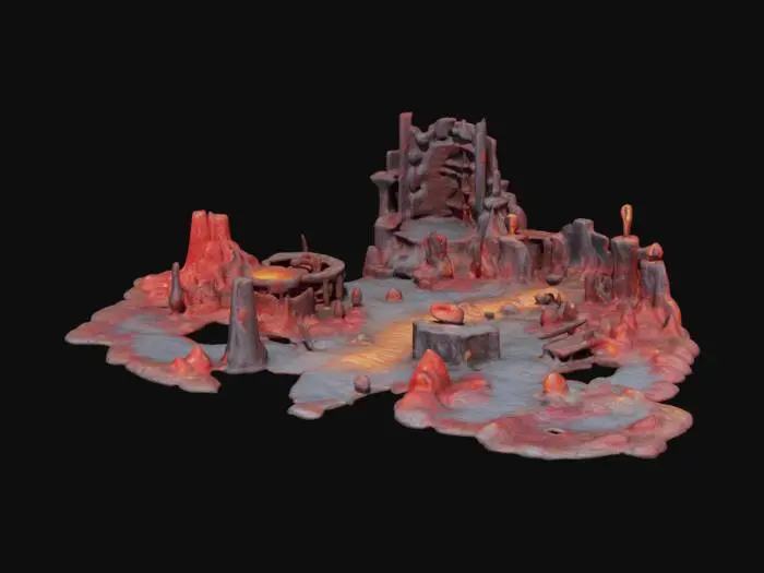 3D model for Hell adventure map for kids (8+). A 3D journey through a fiery underworld with thrilling challenges. Features: lava rivers with crumbling bridges, caves filled with glowing red crystals, mischievous imps setting traps, a towering demon fortress, a bone maze with hidden paths, and a bubbling cauldron of mysterious potions. Child-friendly, cute aesthetic with bright colors. Each location presents a fun challenge. Depth and realism enhance the adventure.