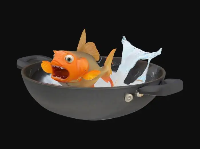 3D model for On the stove there is a sizzling hot frying pan with water splashing onto the surface, and a small fish figure is running across the frying pan on two legs with a screaming face and is about to run away.