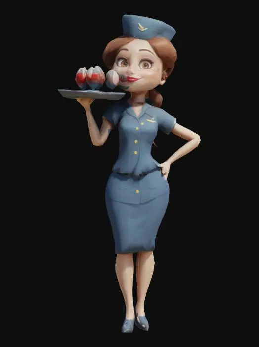 3D model for a Stewardess, standing with a plate of Glasses. Cartoon Style.