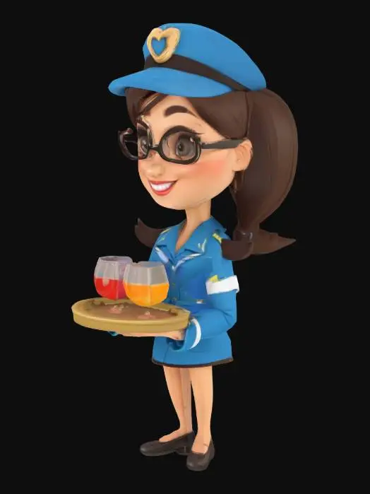 3D model for a Stewardess, standing with a plate of Glasses. Cartoon Style.