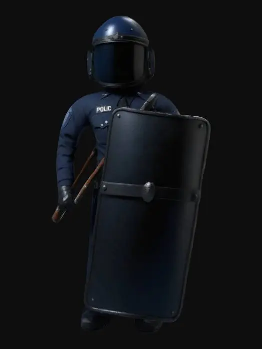 3D model for Riot Control: Ein Polizist in Blauer Uniform, Helm , Shild und Visier.