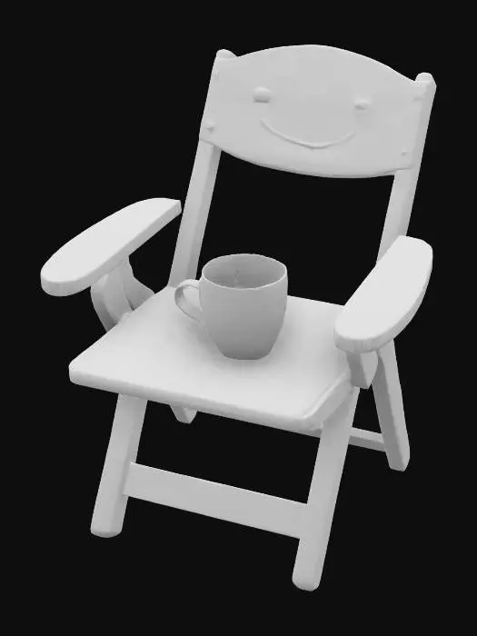3D model for A smiling, wooden, folding chair is lying comfortably on a fluffy sofa and relaxing. he folds its joints so that it appears that it has arms and legs. steaming tea. 3D rendering.