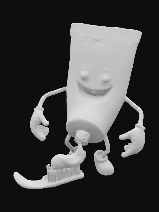 3D model for Professionelles, hochwertiges Comic-3D-Render-Bild einer teilweise leeren anthropomorphen Zahnpastatube mit der Aufschrift 'IRR', die versucht, mit sichtbarer Anstrengung Zahnpasta aus ihrer Öffnung auf eine Zahnbürste zu drücken. Die anthropomorphe Zahnpastatube hat Augen und ein menschliches Aussehen, mit einer leicht abgerundeten Form, einem ausdrucksstärkeren Gesicht und Andeutungen von Füßen, auf einem Waschtisch. Lebendige Farben, Pixar-Stil.