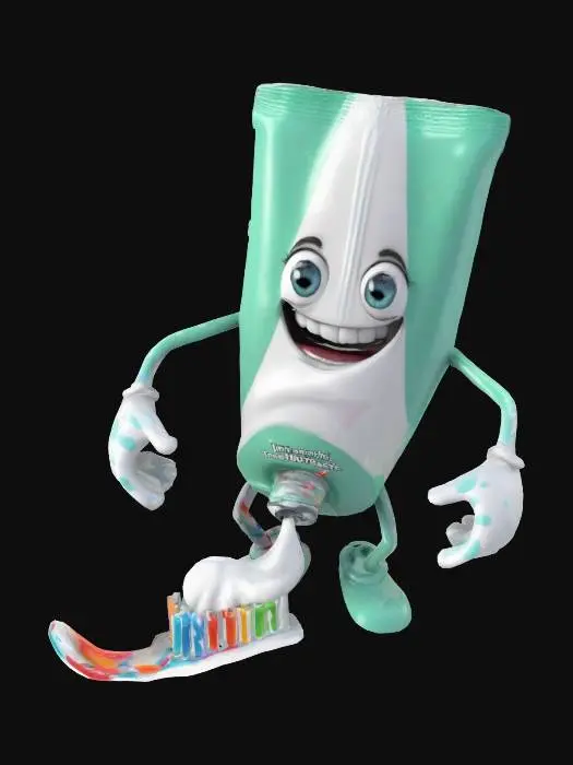 3D model for Professionelles, hochwertiges Comic-3D-Render-Bild einer teilweise leeren anthropomorphen Zahnpastatube mit der Aufschrift 'IRR', die versucht, mit sichtbarer Anstrengung Zahnpasta aus ihrer Öffnung auf eine Zahnbürste zu drücken. Die anthropomorphe Zahnpastatube hat Augen und ein menschliches Aussehen, mit einer leicht abgerundeten Form, einem ausdrucksstärkeren Gesicht und Andeutungen von Füßen, auf einem Waschtisch. Lebendige Farben, Pixar-Stil.