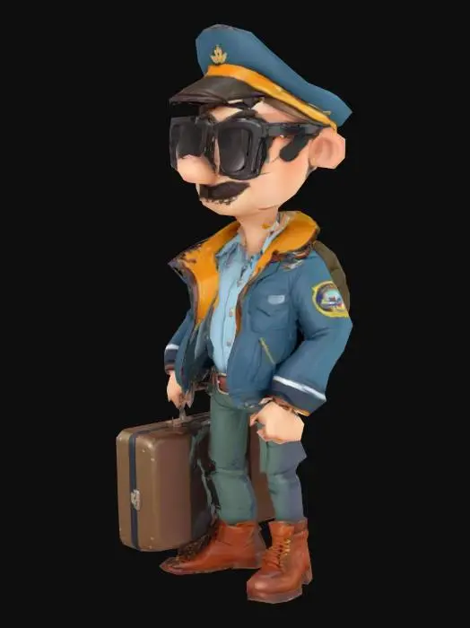 3D model for a Airplane Pilot, standing with a suitcase wearing sunglasses. Cartoon Style.