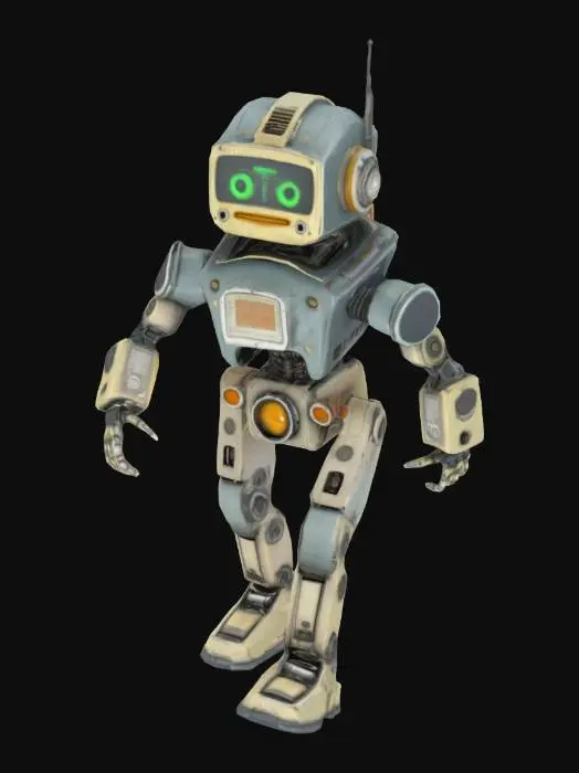 3D model for A pose bipedal retrofutirstic worker robot, grunge cyberpunk, fallout, vintage, highly detailed, gun metal, smiling data screen face.