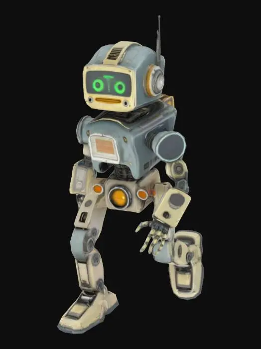 3D model for A pose bipedal retrofutirstic worker robot, grunge cyberpunk, fallout, vintage, highly detailed, gun metal, smiling data screen face.