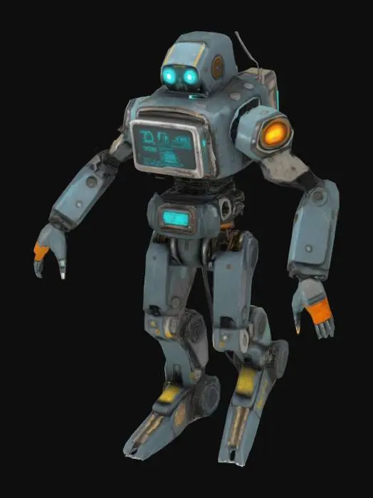 3D model for A pose bipedal retrofutirstic worker robot, grunge cyberpunk, fallout, vintage, highly detailed, gun metal, data screen face.