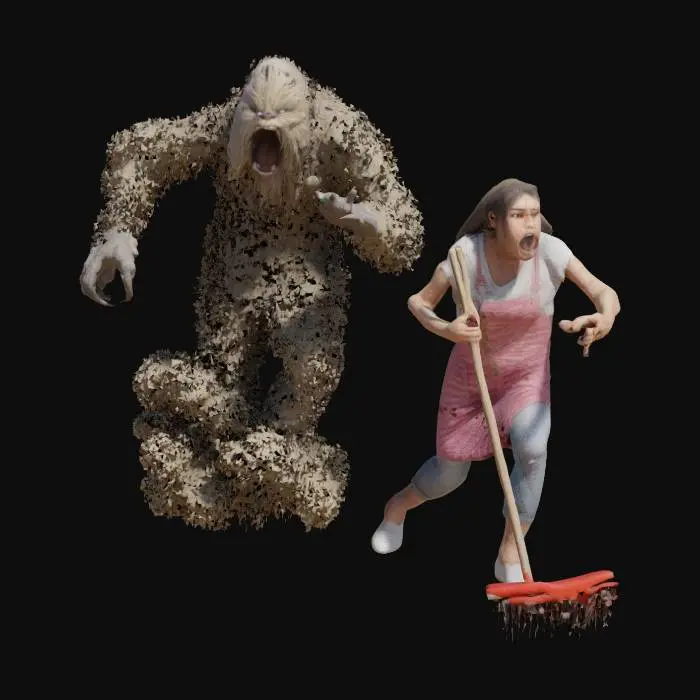 3D model for Eine Hausfrau verscheucht mit dem Besen ein Staubwolken Monster aus der Wohnungstür.