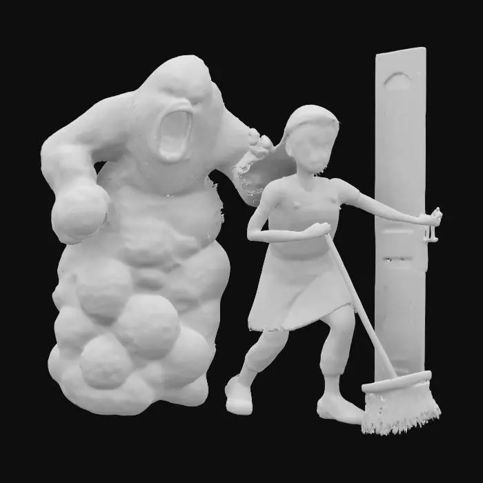 3D model for Eine Hausfrau verscheucht mit dem Besen ein Staubwolken Monster aus der Wohnungstür. octane.