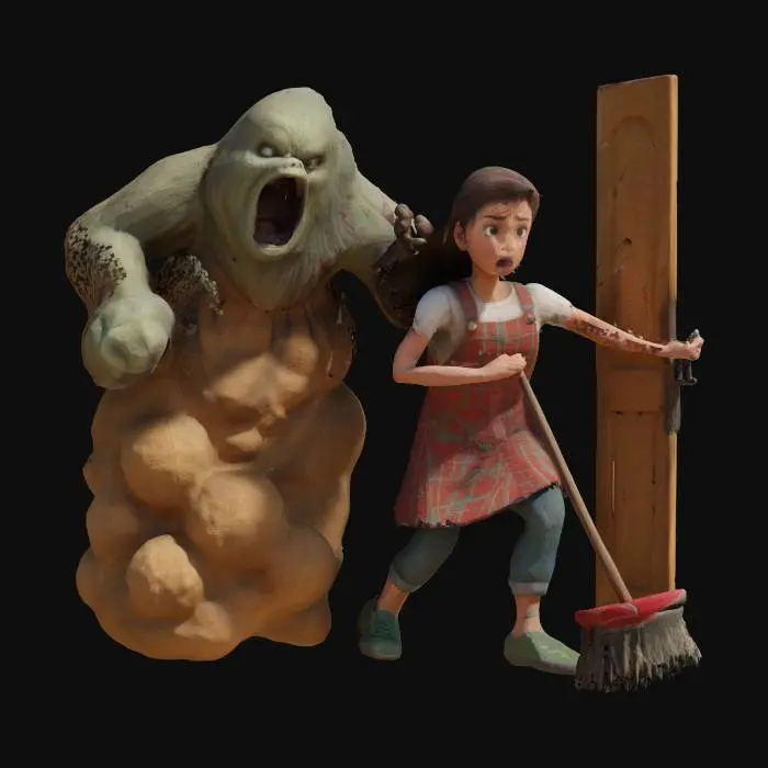 3D model for Eine Hausfrau verscheucht mit dem Besen ein Staubwolken Monster aus der Wohnungstür. octane.