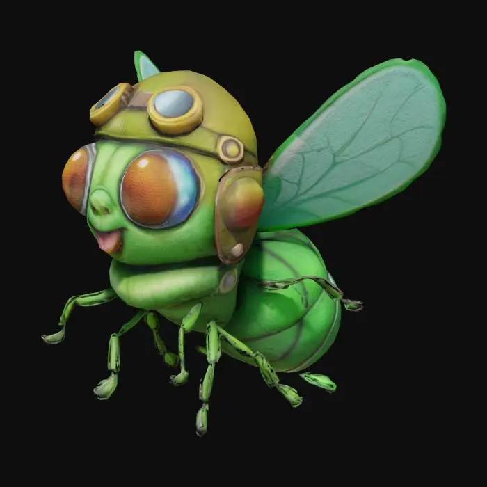 3D model for An adventurous housefly with shiny compound eyes. His body is an iridescent green, and he wears a pilot's helmet on his head. hyperdetailed. cartoon style