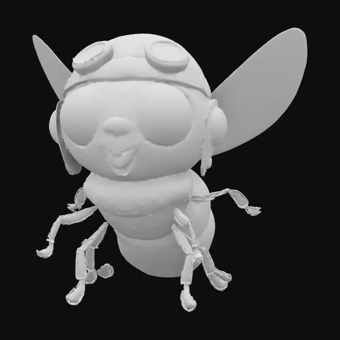 3D model for An adventurous housefly with shiny compound eyes. His body is an iridescent green, and he wears a pilot's helmet on his head. hyperdetailed. cartoon style